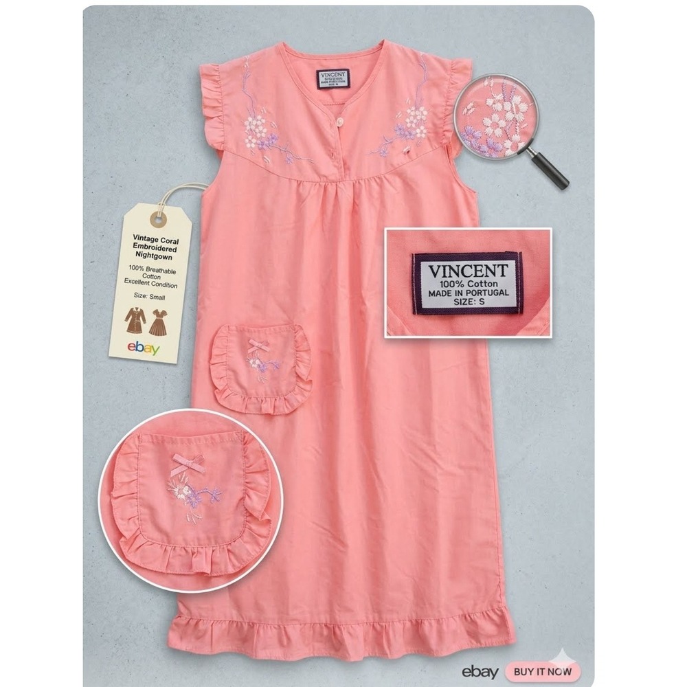 Vincent VTG Cottagecore Coral Embroidered Cotton Nightgown Ruffle Pocket Small